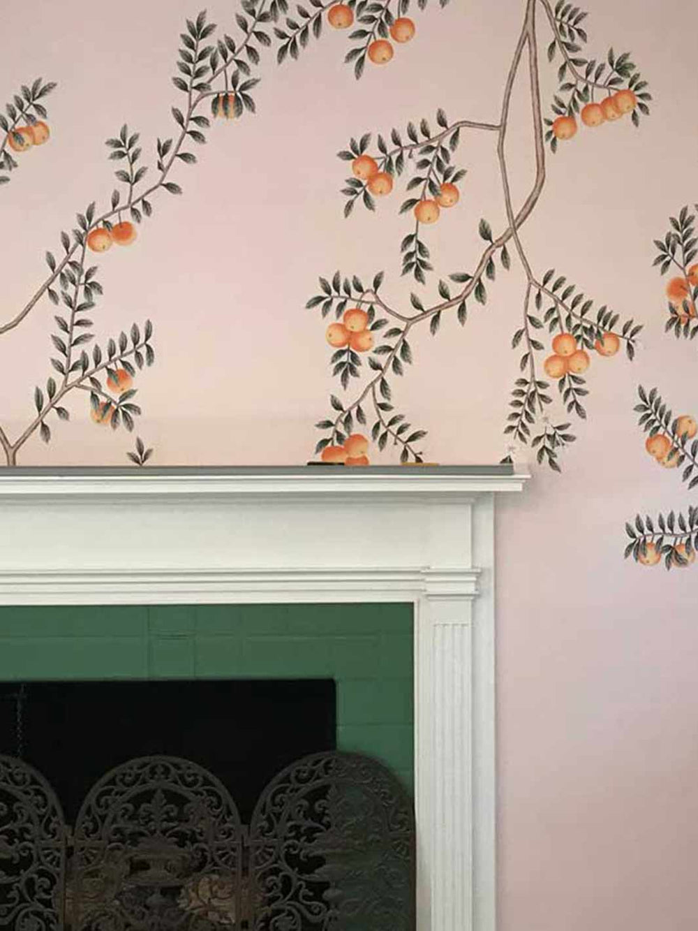 Aqualille Honeybell orange wallpaper by a fireplace