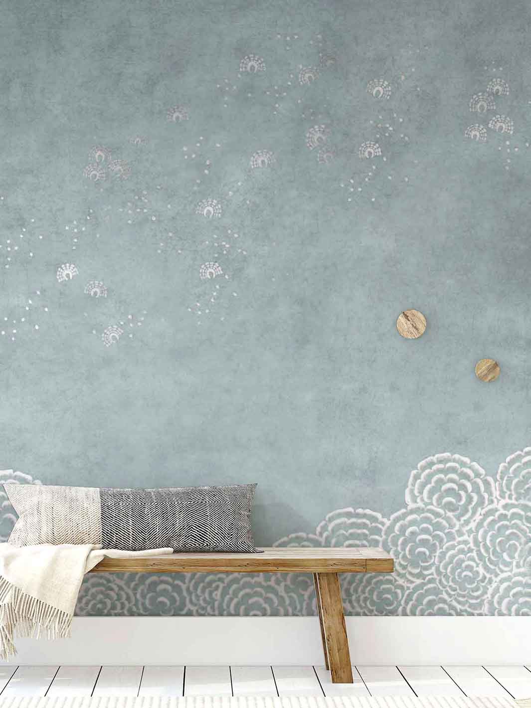 Aqualille Calamus wallpaper in cerule in a hallway