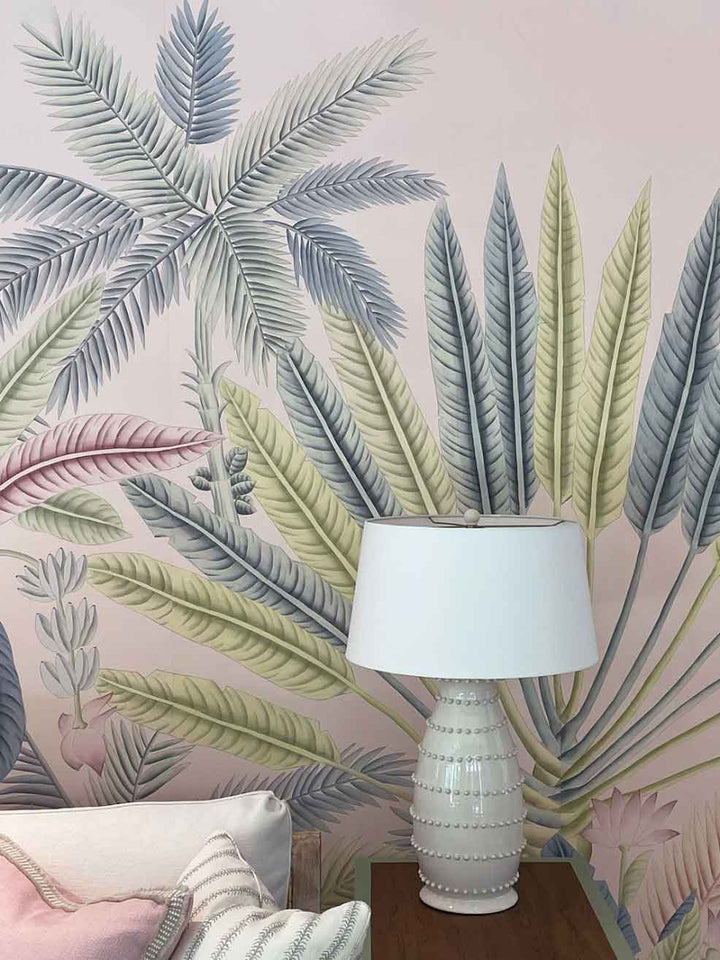 Aqualille grove wallpaper in shell in a living room