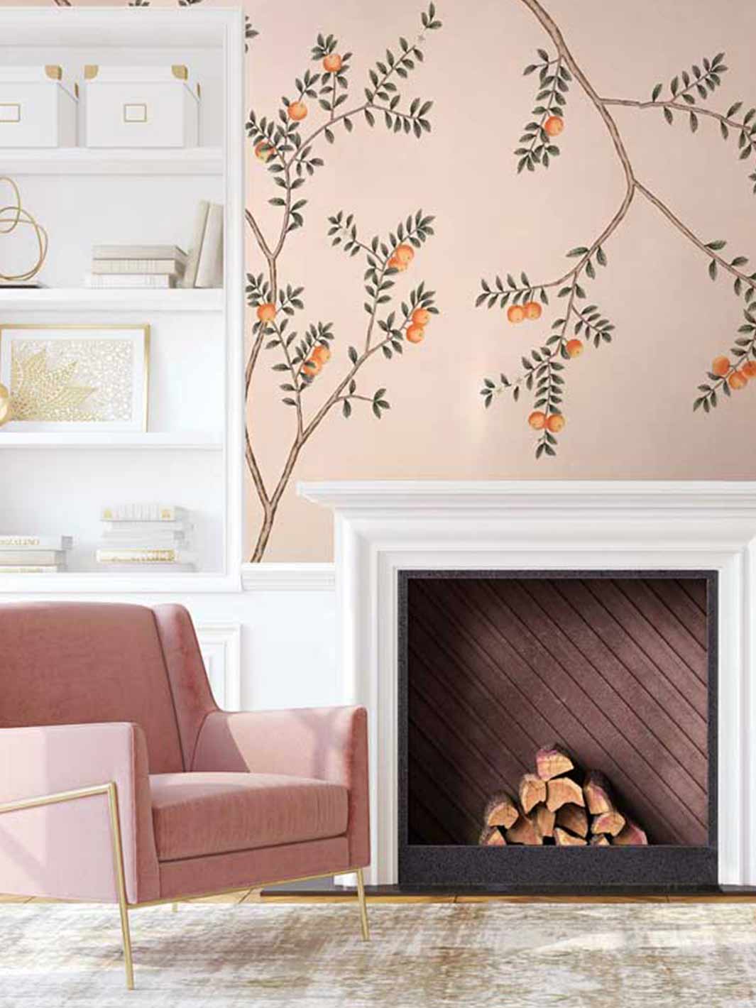 Aqualille Honeybell orange wallpaper by a fireplace