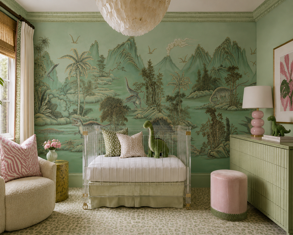 Dinoscape scenic wallpaper, installed in a nursery
