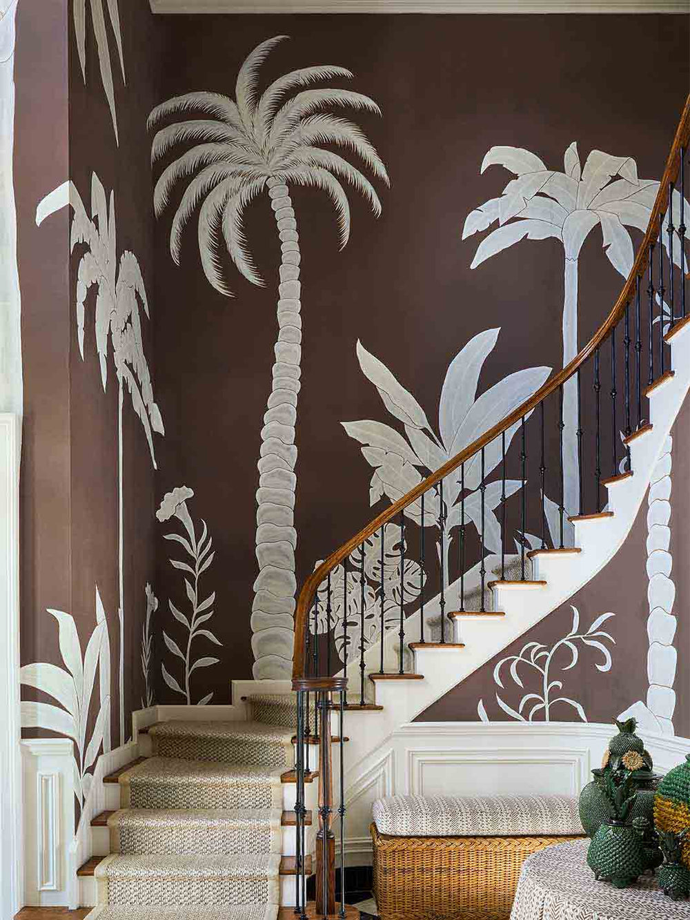 Aqualille Clifton wallpaper in cocoa on a staircase
